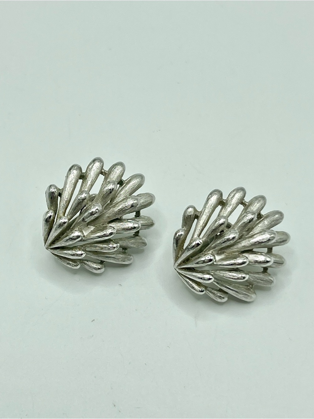 Crown Trifari Silver Tone Fan Cluster Clip-On Earrings